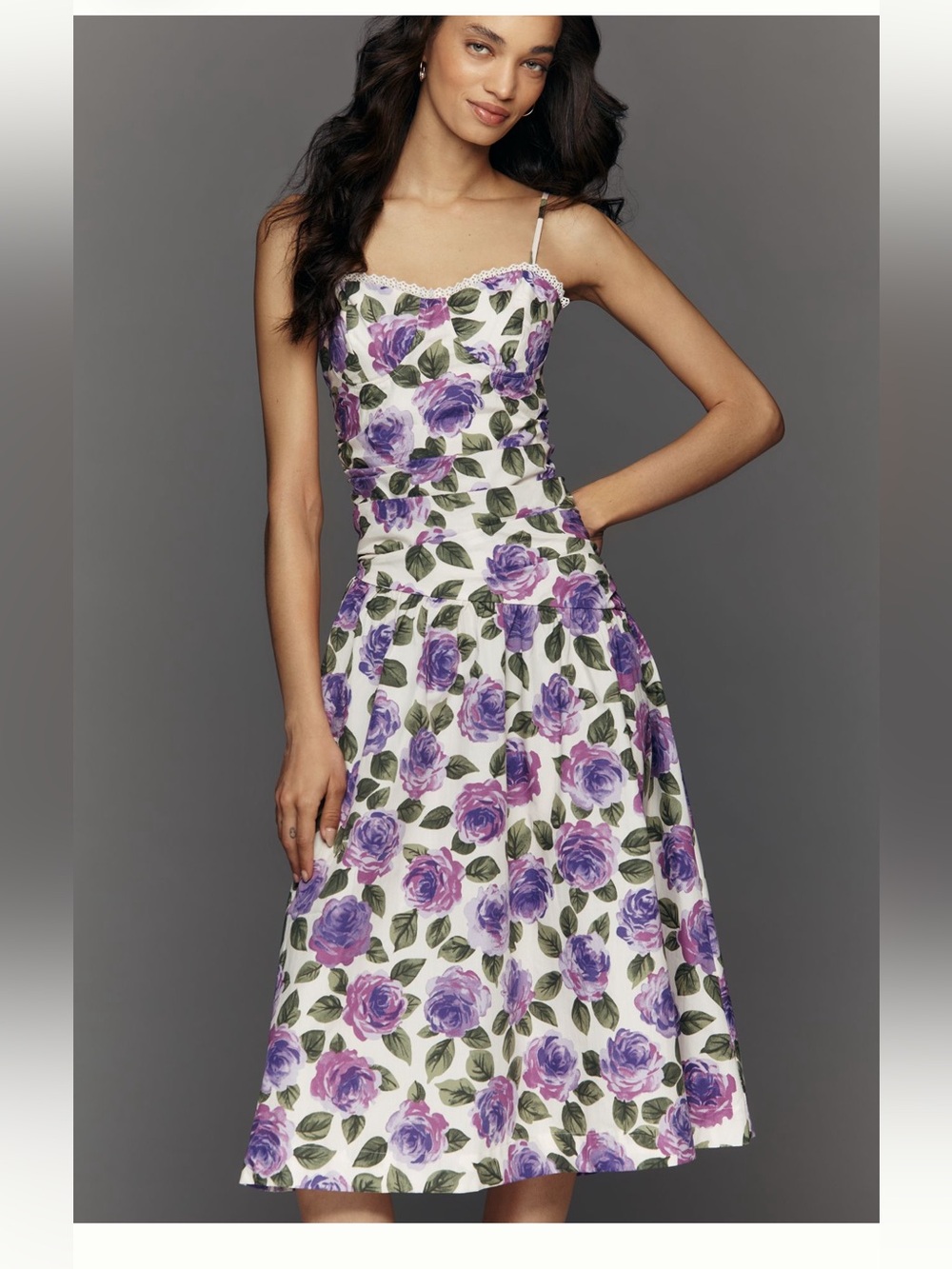 Anthropologie White Midi Dress with Purple Rose Print